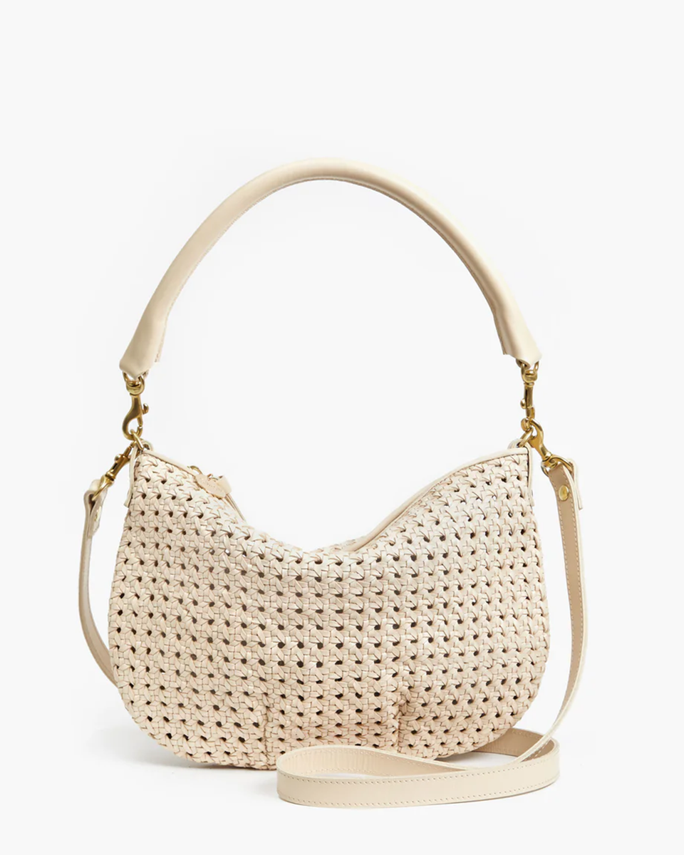 Clare V. Petit Moyen Messenger in Natural Woven Checker - Bliss Boutiques
