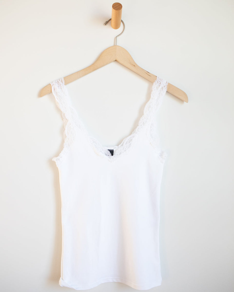 Only Hearts Del w/ Lace Deep V Tank in White - Bliss Boutiques