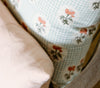 Cushions on a chair; one is plain beige, and the other has a light blue checkered pattern with red and pink floral designs.