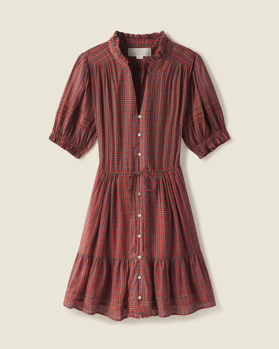 Yulia Dress in Redford Plaid by Trovata Birds of Paradis, with ruffle hem and short sleeves displayed on a neutral background, featuring a ruffled open collar.