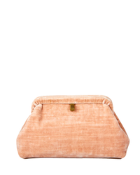 A Marian Paquette Liette Solid Velvet Clutch in Pale Pink on a white background.