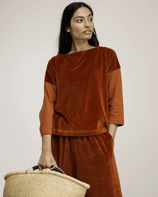 Beaumont Organic Clothing Divya Organic Cttn Velour and Jersey Top in Paprika