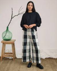 Beaumont Organic Clothing Thorne-Cay Organic Cttn Knitted Check Trouser in Black and Sand Ecru