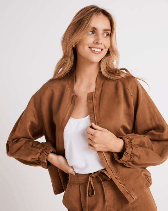 Bella Dahl Chloe Clean Bomber Jacket in Topaz Brown 