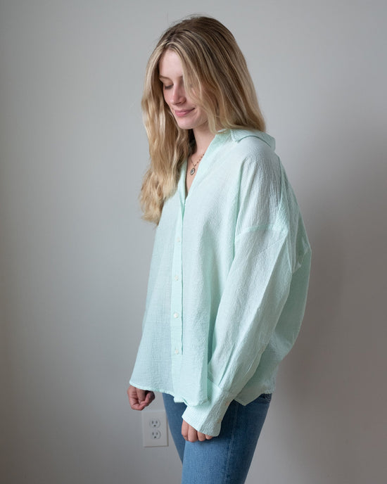 Felicite Apparel Clothing Drop Shoulder Shirt in Green Stripe