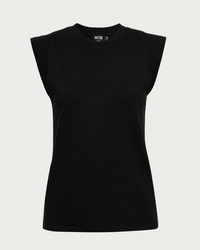 The Patti Muscle Tank in Jet Black by Nation LTD, featuring a ribbed round neckline, is displayed against a plain white background.