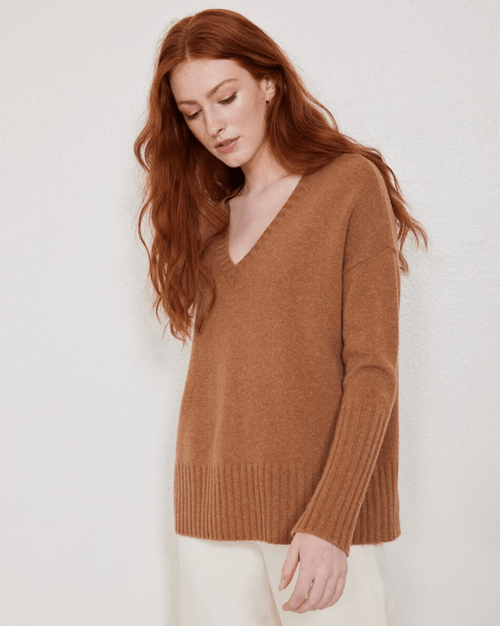 Not Monday Clothing Ella V Neck Sweater in Toffee