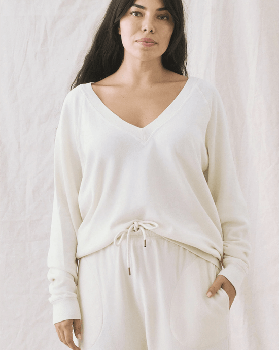 the Great The V-Neck Sweatshirt in Washed White 