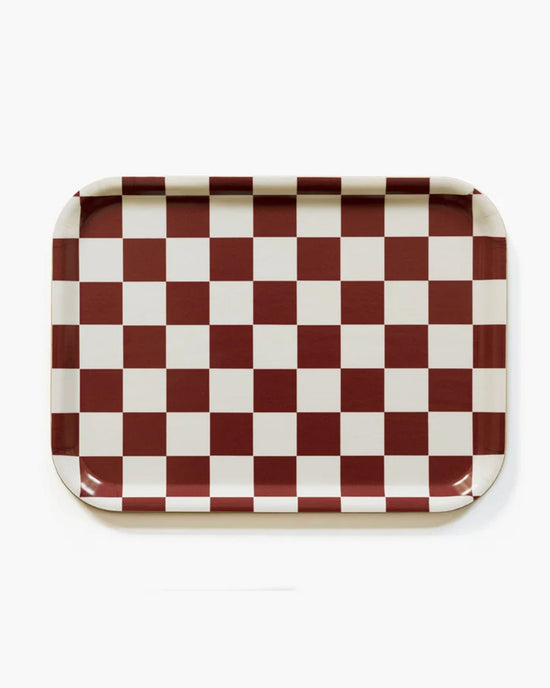 BLU KAT Home Checker 27x20cm Rectangular Serving Tray in Burgundy/Cream