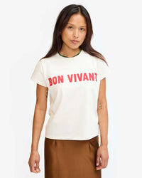 Clare V. Clothing Bon Vivant Classic Tee in Cream w/ Bright Poppy