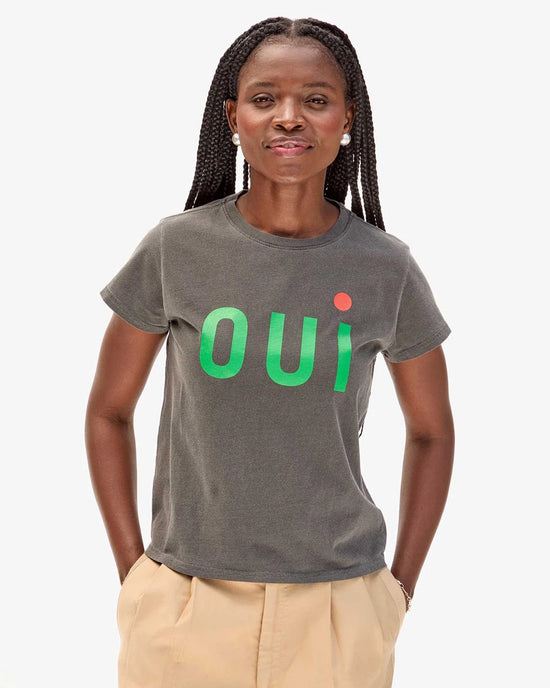 Clare V. Oui Classic Tee in Faded Black w/ Green & Bright Poppy 