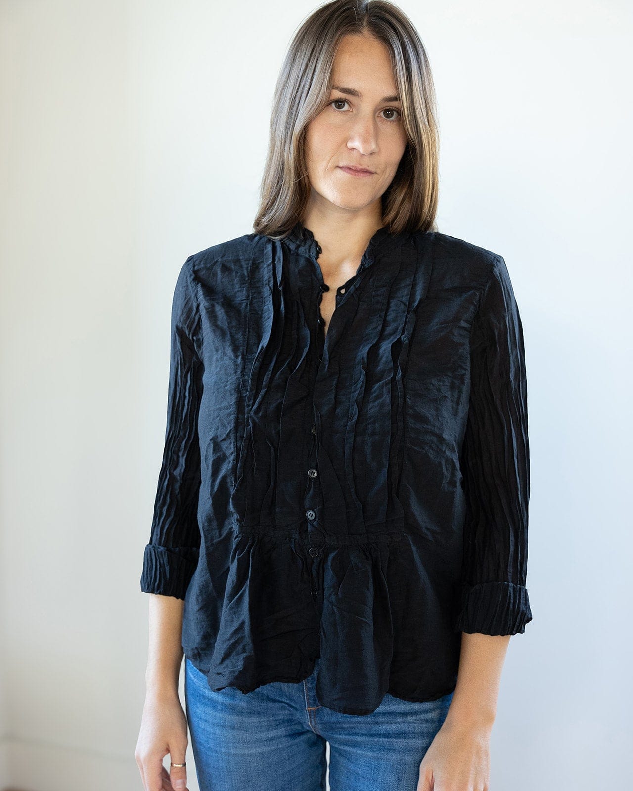 Claudine Tucked Shirt in Black Cotton Silk