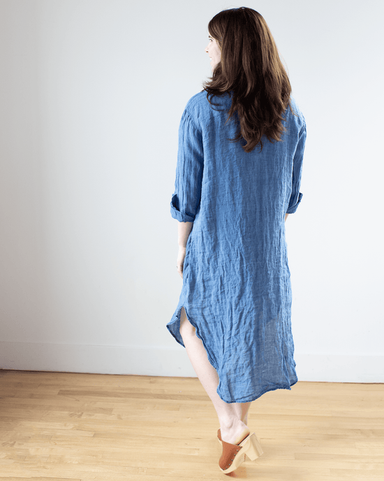 CP Shades Clothing Kira Indigo Linen Rounded Shirttail Dress in Bleach