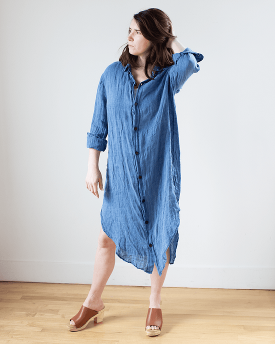 CP Shades Clothing Kira Indigo Linen Rounded Shirttail Dress in Bleach