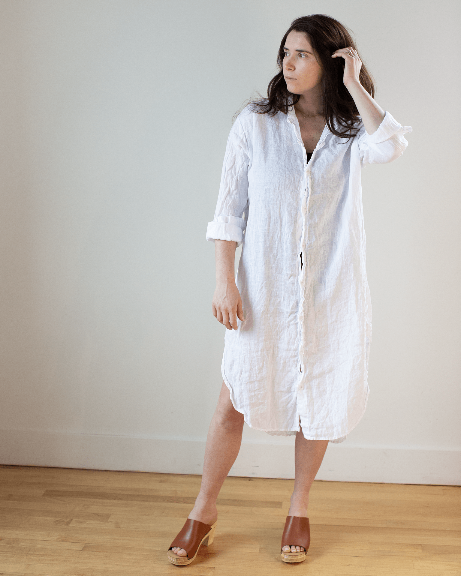 Kira Linen Rounded Shirttail Dress in White