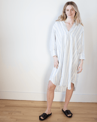 CP Shades Lara Dress in White/Blue Triple Stripe Linen 