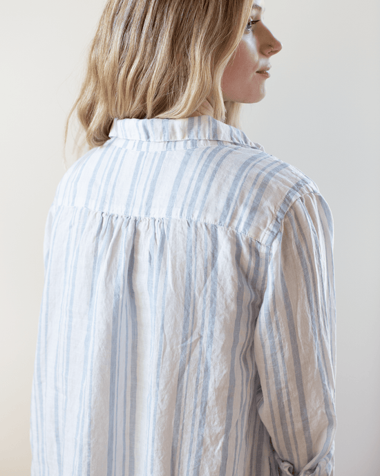 CP Shades Lara Dress in White/Blue Triple Stripe Linen 