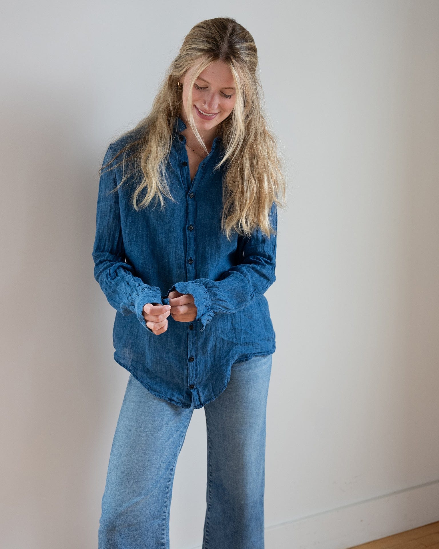 Romy Blouse - Indigo Linen in Bleach