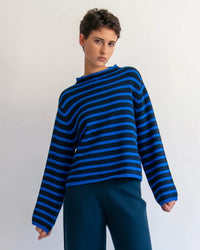 Demylee Dylan Stripe Cotton Sweater in Navy/Blue 