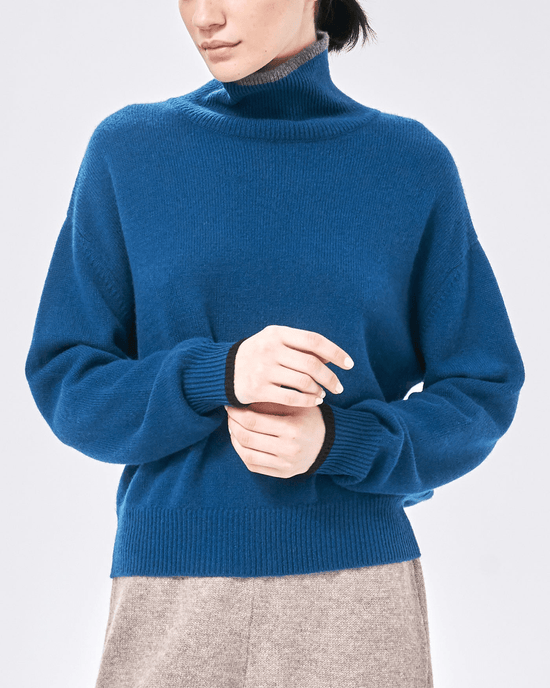 Demylee Clothing Hannes Tipped Turtleneck in Teal Blue