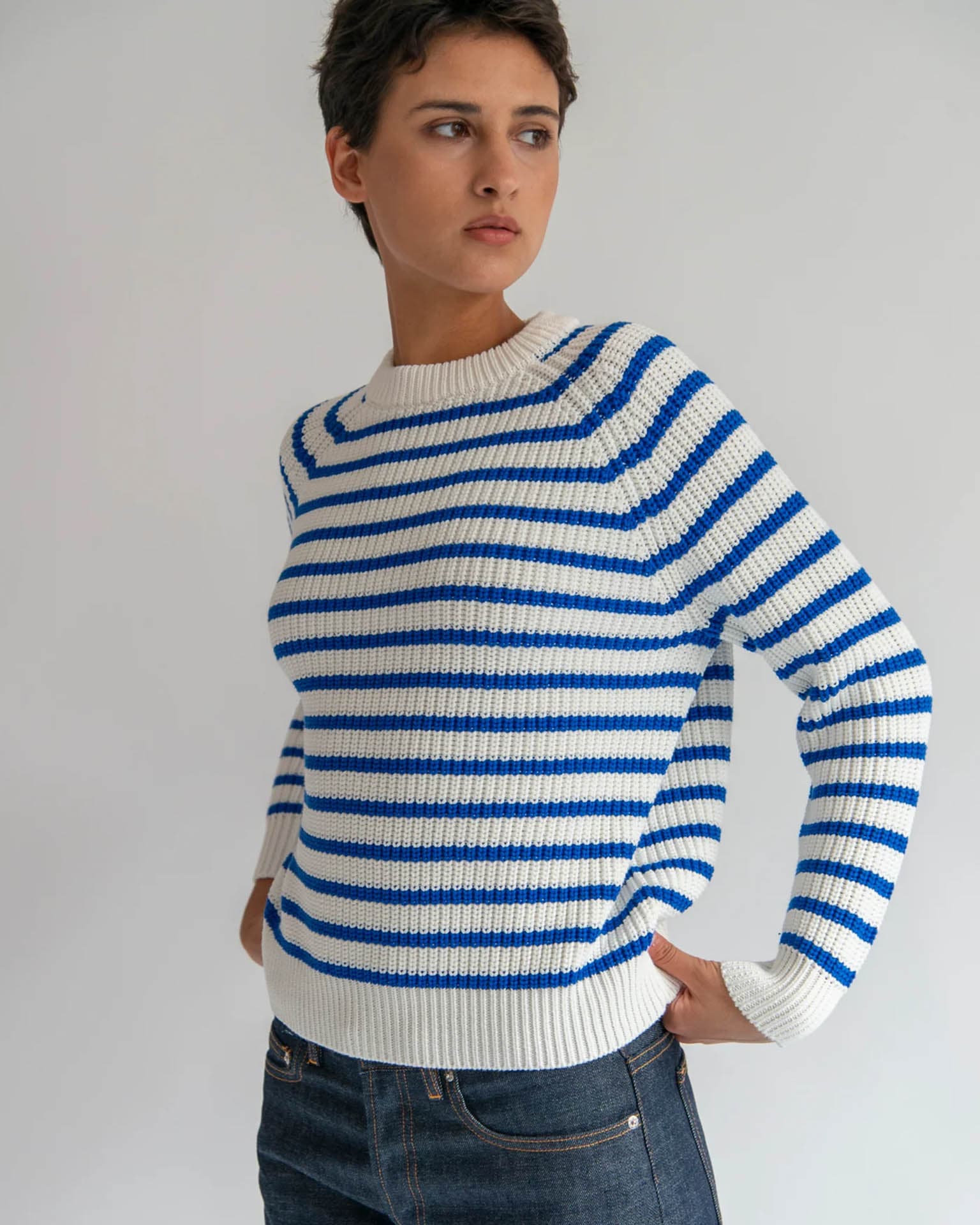 Phoebe Stripe Cotton Sweater in Off White/Blue