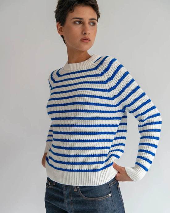 Demylee Phoebe Stripe Cotton Sweater in Off White/Blue 