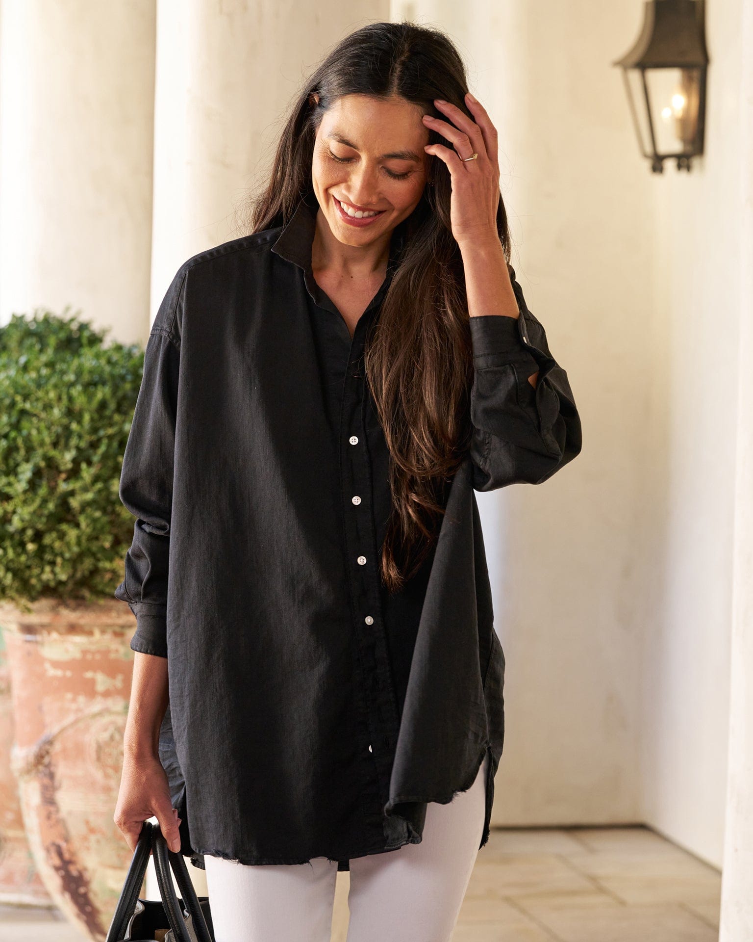 Shirley Oversized Button-Up Shirt in Blackout Denim