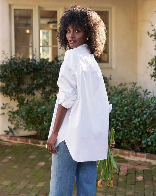 Frank & Eileen Clothing Victoria Collarless Button Up in White w/ White Bib