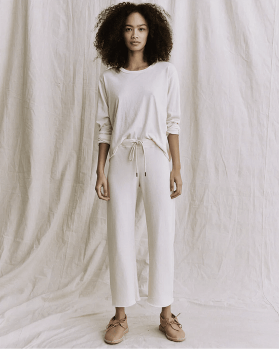 the Great The Wide Leg Cropped Sweatpant in Washed White 