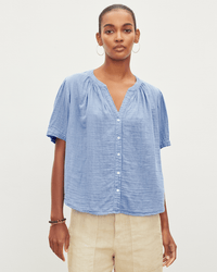 Velvet by Graham & Spencer Clothing Deann S/S Button Up Top in Wave