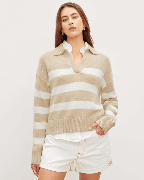 Velvet by Graham & Spencer Clothing Lucie Polo Sweater in Sable/Milk