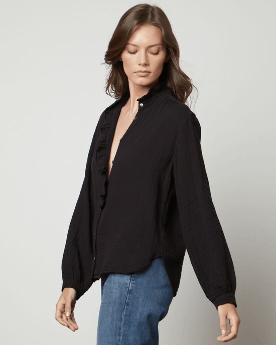 Velvet by Graham & Spencer Clothing Trisha L/S Ruffle Button Up in Black