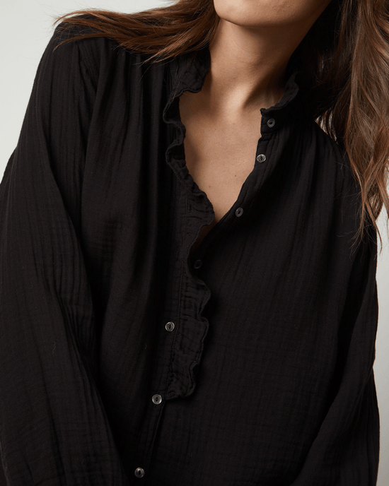 Velvet by Graham & Spencer Clothing Trisha L/S Ruffle Button Up in Black