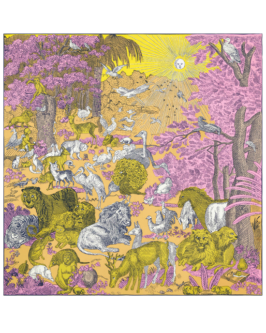 An intricate, colorful illustration of a diverse collection of animals in a forest environment with a bright sun in the background, depicted on an Inoui Editions Square 100 C/S Reverie Scarf in Yellow.