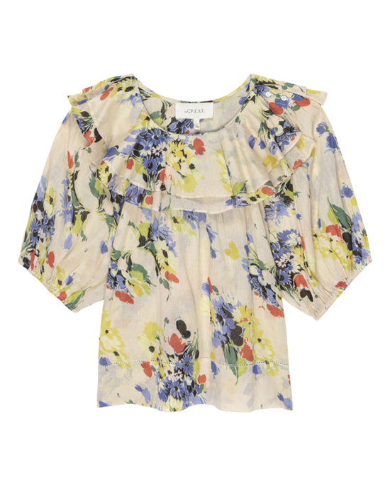 Prairie-inspired blouse with short ruffle sleeves on a white background.