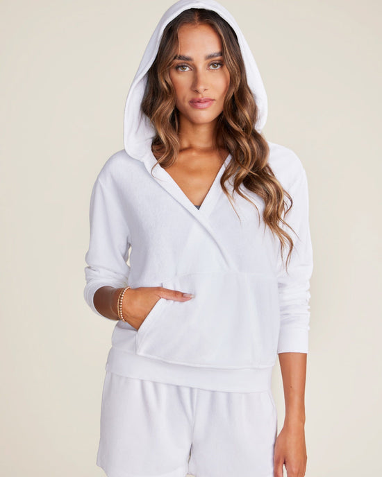 Barefoot Dreams Clothing Cozyterry Cross Over Hoodie in Sea Salt