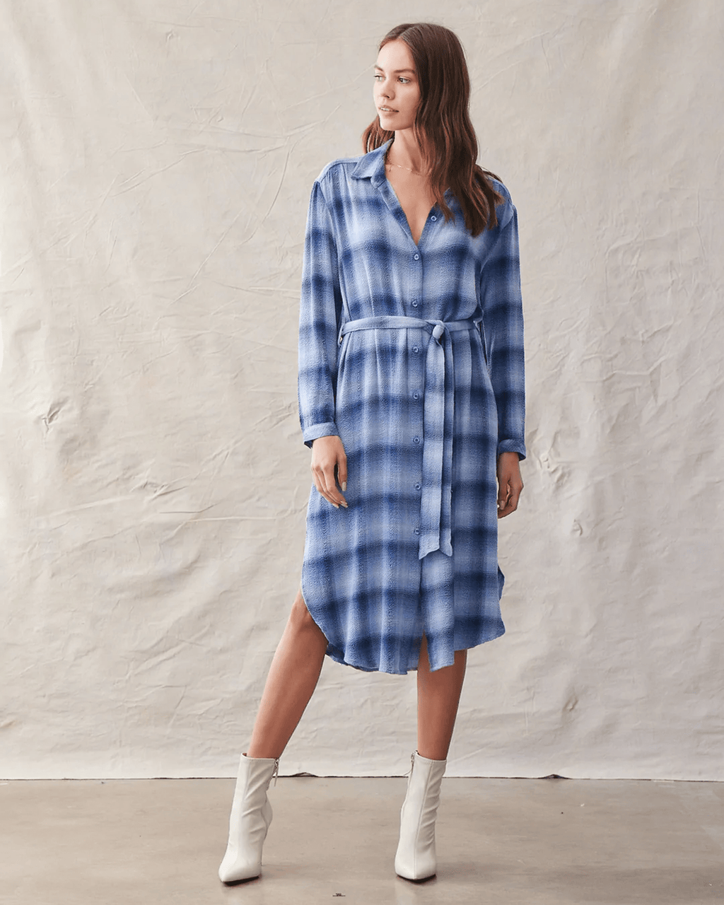 Bella Dahl Hi Lo Maxi Dress in Indigo Heather Plaid Bliss Boutiques