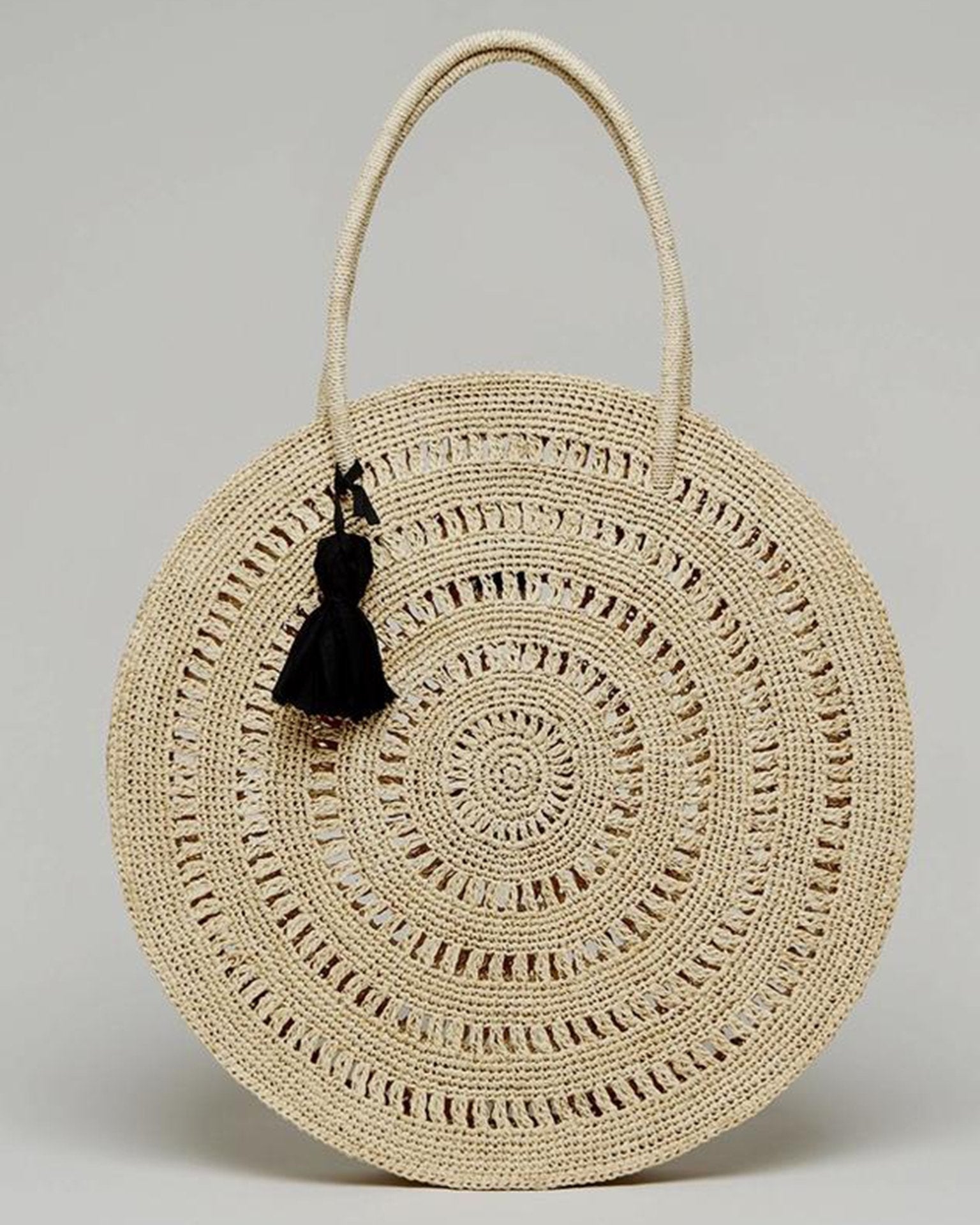 Authentic vintage brown round wicker basket leather round picnic / hat box  top handle purse with handmade straw flowers