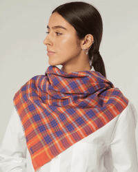 A person wearing a crisp white shirt and a Poppy Red Plaid Bandana from Moismont gazes to the side against a plain background.