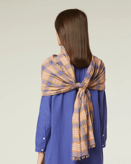 A person wearing a blue cotton shirt is shown from behind with the Varied Plaid Scarf in Pansy Blue by Moismont draped over their shoulders, tied at the back.