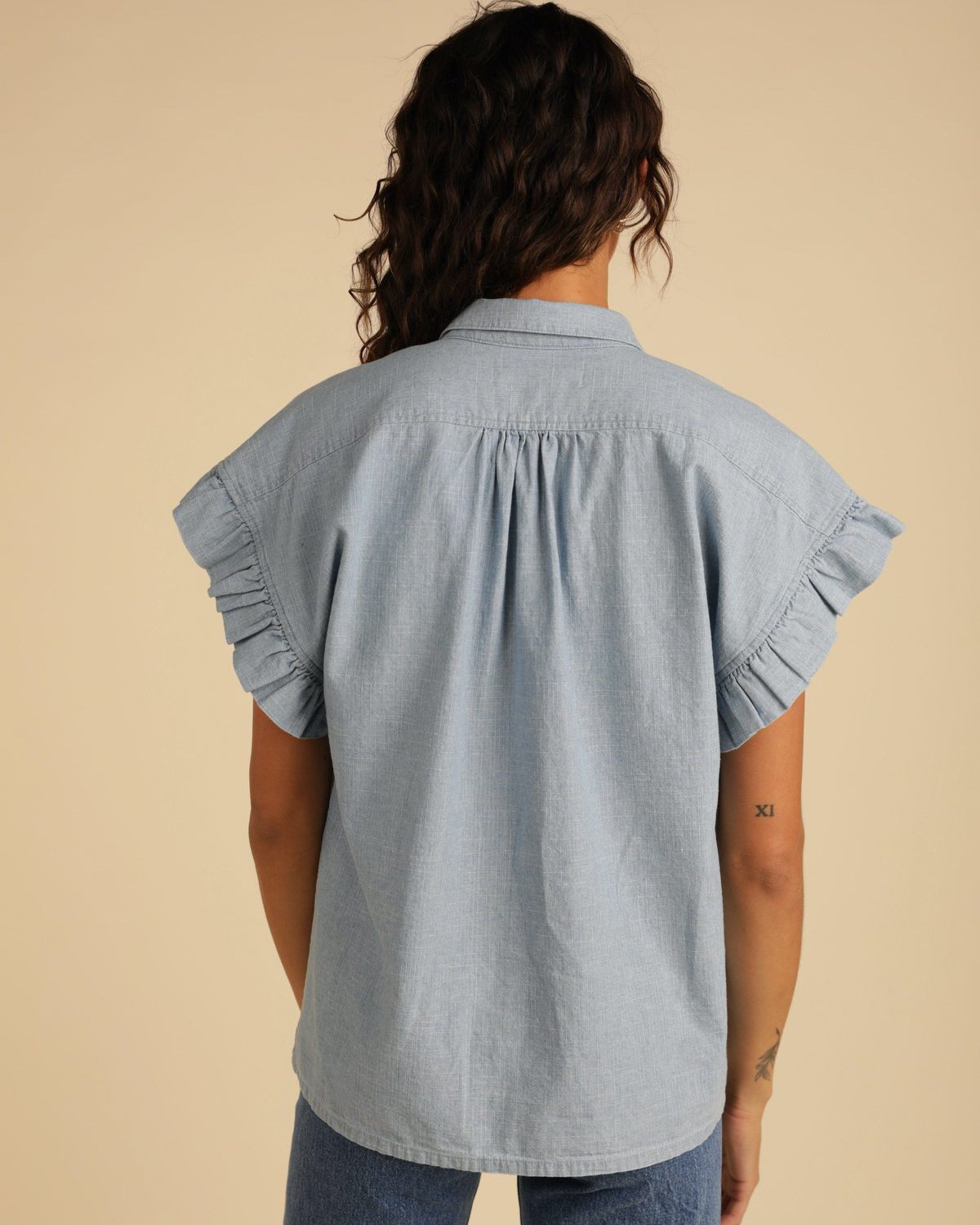 Marianne B Ruffle Sleeve Shirt in Chambray